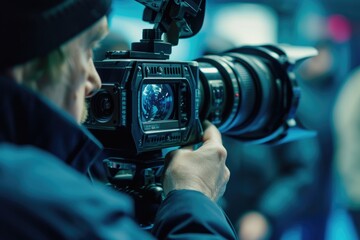 Wall Mural - A man holding a camera in front of a crowd. Suitable for events, photography, and capturing moments