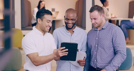 Poster - Meeting, discussion and happy business people with tablet, documents and paperwork in office. Corporate team, collaboration and men on digital tech talking, in conversation and consulting for project