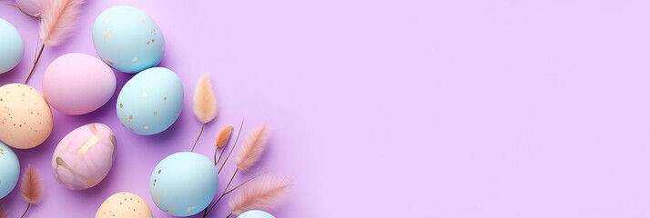 Wall Mural - Assorted Easter eggs with delicate feathers on purple background banner with copy space. Panoramic web header. Wide screen wallpaper