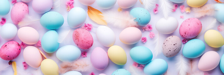 Wall Mural - Easter eggs with delicate feathers and pink blossoms banner. Panoramic web header. Wide screen wallpaper