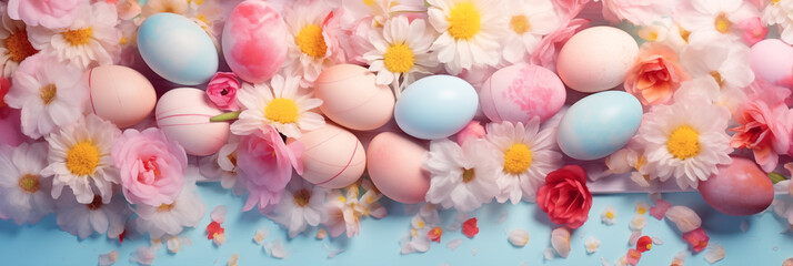 Wall Mural - Decorated Easter eggs mixed with colorful spring flowers on pastel backdrop banner. Panoramic web header. Wide screen wallpaper
