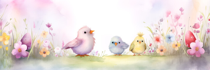 Wall Mural - Artistic watercolor painting of chicks with Easter eggs among spring flowers banner. Panoramic web header. Wide screen wallpaper