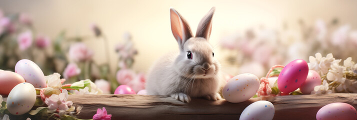 Wall Mural - Bunny with Easter eggs and spring flowers banner. Panoramic web header. Wide screen wallpaper