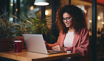 A woman sitting at a table using a laptop computer