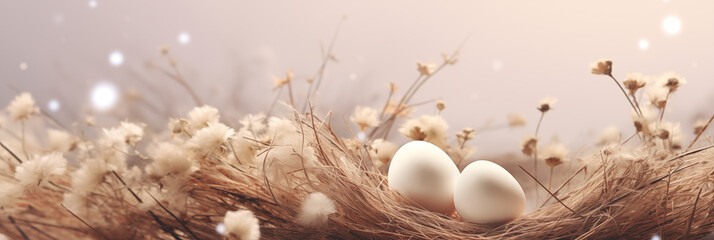 Wall Mural - Spotted Easter eggs in natural straw nest with soft dry flowers banner. Panoramic web header. Wide screen wallpaper