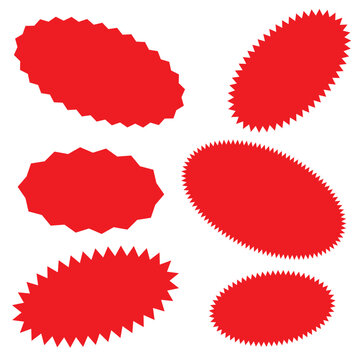 set of red oval shape price tag, sale or discount sticker, sunburst badges icon. special offer price