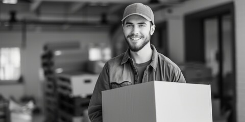 Wall Mural - A man is seen holding a box in a warehouse. This image can be used to illustrate concepts related to logistics, storage, transportation, or shipping