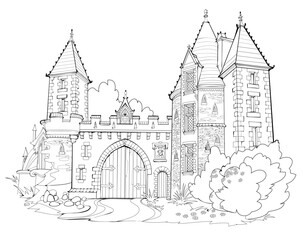 Wall Mural - Illustration of ancient medieval castle with gates. Black and white page for kids coloring book. Fairyland fortress. Worksheet for drawing and meditation for children and adults. French architecture.