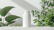 A mockup of a blank supplement bottle sitting on a wooden table with plants besides, minimal and clean style