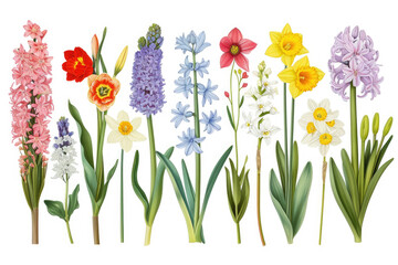 Wall Mural - botanical illustration of various spring flowers, including tulips, daffodils, and hyacinths