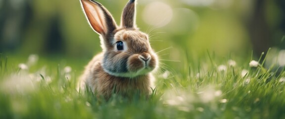 Wall Mural - young fluffy cute ginger rabbit sits on green grass and eats it on a sunny spring day