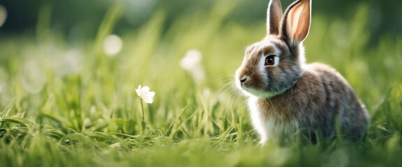 Wall Mural - Fluffy baby rabbit sitting in green meadow, enjoying springtime