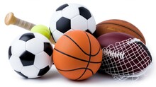 Assorted Sports Equipment Including A Basketball, Soccer Ball, Tennis Ball, Baseball, Bat, Tennis Racket, Football And Baseball Glove On A White Background