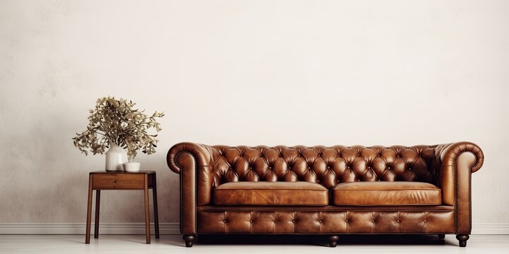 Luxurious white background with a brown leather sofa