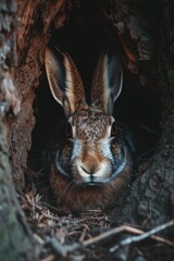 Poster - A close-up view of a rabbit peering out of a hole. This image can be used to depict curiosity, wildlife, or the concept of exploration