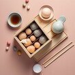Variety of traditional Asian dim sum in an elegant bamboo steamer on a light pastel background. Concept: food culture, culinary master classes and gourmet dinners
