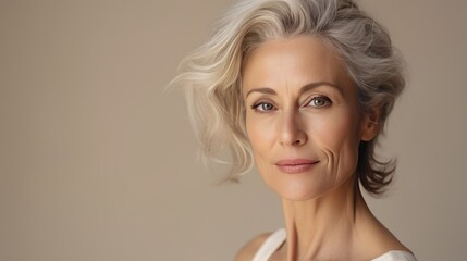 portrait, beautiful European woman 60 years old with natural makeup and gray hair on a neutral background with space for text. The concept of natural beauty and anti-aging skin care, copy space