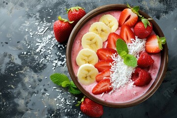 Canvas Print - Healthy breakfast featuring a homemade smoothie with banana oat flakes and peanut butter on a wooden background with ingredients