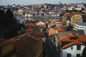 Sticker - Street in Vila Nova de Gaia with view Douro river and Ribeira in Porto, Portugal.