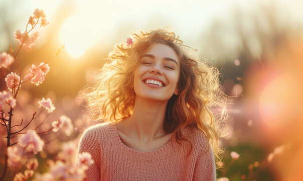 healthy happy woman on spring outdoors. smiling young woman on the spring garden enjoy blooming flow