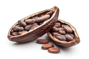 Canvas Print - Isolated white background with dried cocoa beans in half of cocoa pod