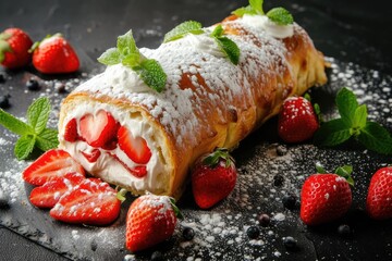 Sticker - Strawberry and cream filled sweet roll adorned with powdered sugar mint leaves and strawberries