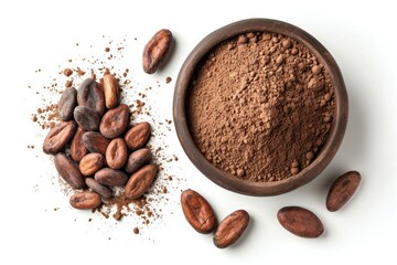 Wall Mural - Top view of cocoa beans and powder on a white background