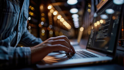 Wall Mural - man coding on laptop in dark room