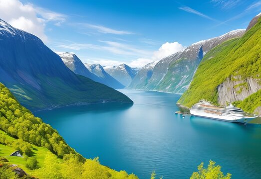 Cruise Ship, Cruise Liners On Geiranger fjord, Norway
