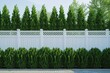 Vinyl fence in cottage village with tall thuja bushes fencing private property with plastic grass
