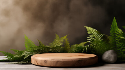 Wooden Platform Empty Blank Plate Podium Pedestral Table Stand Mockup Product Display Showcase Wood Surface Podest Presentation Jungle Plants Farn Forest Stones