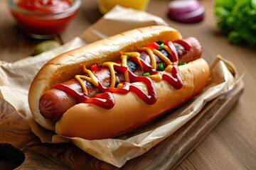 Wall Mural - Grilled hot dog with ketchup on table