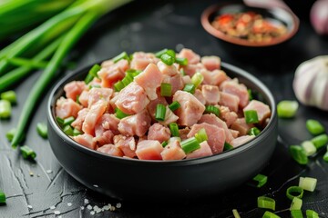 Sticker - High quality photo of dark background showing chopped pork lard with green onion