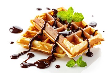 Wall Mural - Isolated Belgian waffles with chocolate sauce on white background