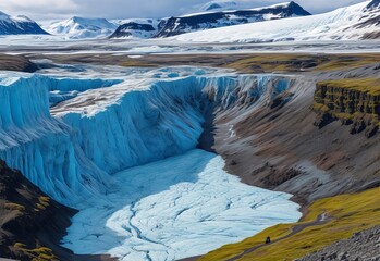 Breathtaking view of Skaftafellsjokull glacier tongue and volcanic mountains around on South Iceland. Location Skaftafell National Park, Skaftafellsjokull glacier, Iceland, Europe.
