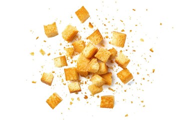 Canvas Print - White background isolated bread croutons viewed from the top Heap of crispy bread cubes dry crumbs and rusks