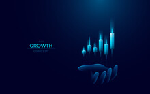 Abstract Hand Holding Light Blue Candlestick Hologram On A Palm. Stock Market And Trade Concept On Technology Background. Trader Holds Japanese Candles. Forex Grow Graph Chart. Vector Illustration.