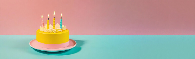 Minimalist style illustration of a birthday cake in pastel pink, light blue and yellow colors. Birthday and celebration concept. Panorama with a large copy space.