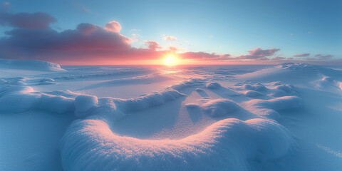 Wall Mural - cold dawn over snowy arctic landscape with hummocks