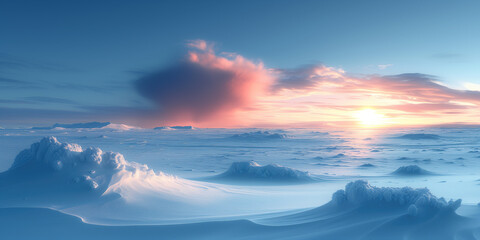 Wall Mural - cold dawn over snowy arctic landscape with hummocks