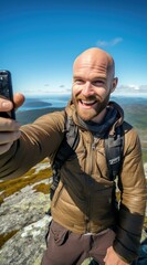 Poster - A man taking a selfie with his cell phone. Generative AI.