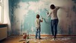 A mother and her son are actively participating in painting the walls of their room with a paint roller.