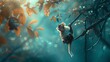 In a mystical forest, a playful monkey swings effortlessly from one tree to another, with the background elegantly blurred to emphasize the creature's nimble movements