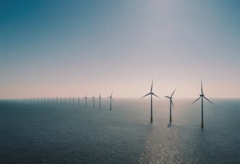 offshore wind farm at dusk, renewable energy background