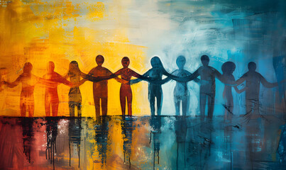 illustration of a group of people standing together, arms around each other, hugging and holding han