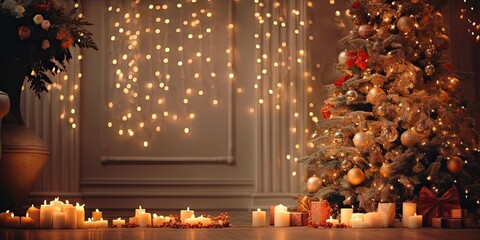 Wall Mural - Warm, enchanted ambiance with a Christmas tree in the backdrop, candles aglow amidst vibrant garland lights, vertical photo, room for text.