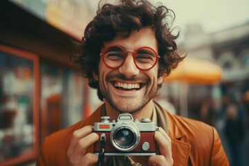 Wall Mural - A man holding a camera in front of his face. Perfect for photography enthusiasts and professionals