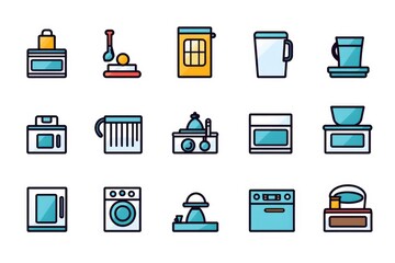 Wall Mural - A collection of various kitchen appliances and appliances icons. Perfect for illustrating articles, blog posts, or websites related to cooking, home improvement, or interior design.