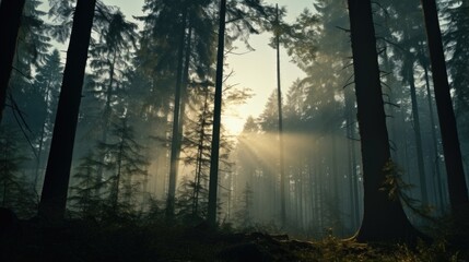 Canvas Print - Sunlight streaming through the trees in a forest. Perfect for nature and outdoor themes