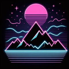 Wall Mural - 80s retro futuristic sci-fi background. Retrowave VJ videogame landscape with neon lights and low poly terrain grid. Stylized vintage cyberpunk vaporwave 3D render with mountains, sun and stars. 4K	